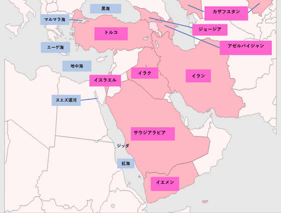 トルコ周辺の地理関係を示している。エジプト東部に紅海、トルコ西部にマルマラ海、トルコ南部にメルスィン港、ジョージア西部にポチ港が位置していることを示している。